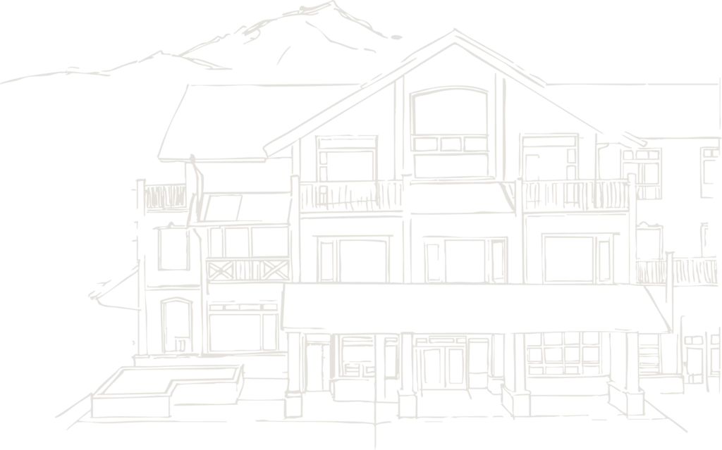 Hand-drawn sketch of Brewster Mountain Lodge exterior in downtown Banff